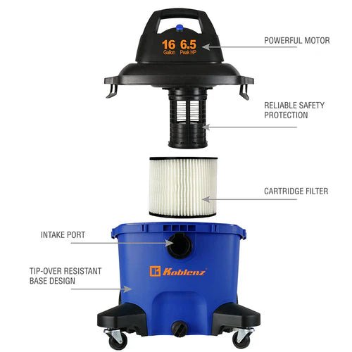 ASPIRADORA 16 GALONES RUEDAS KOBLENZ - BIOHAIR.MX