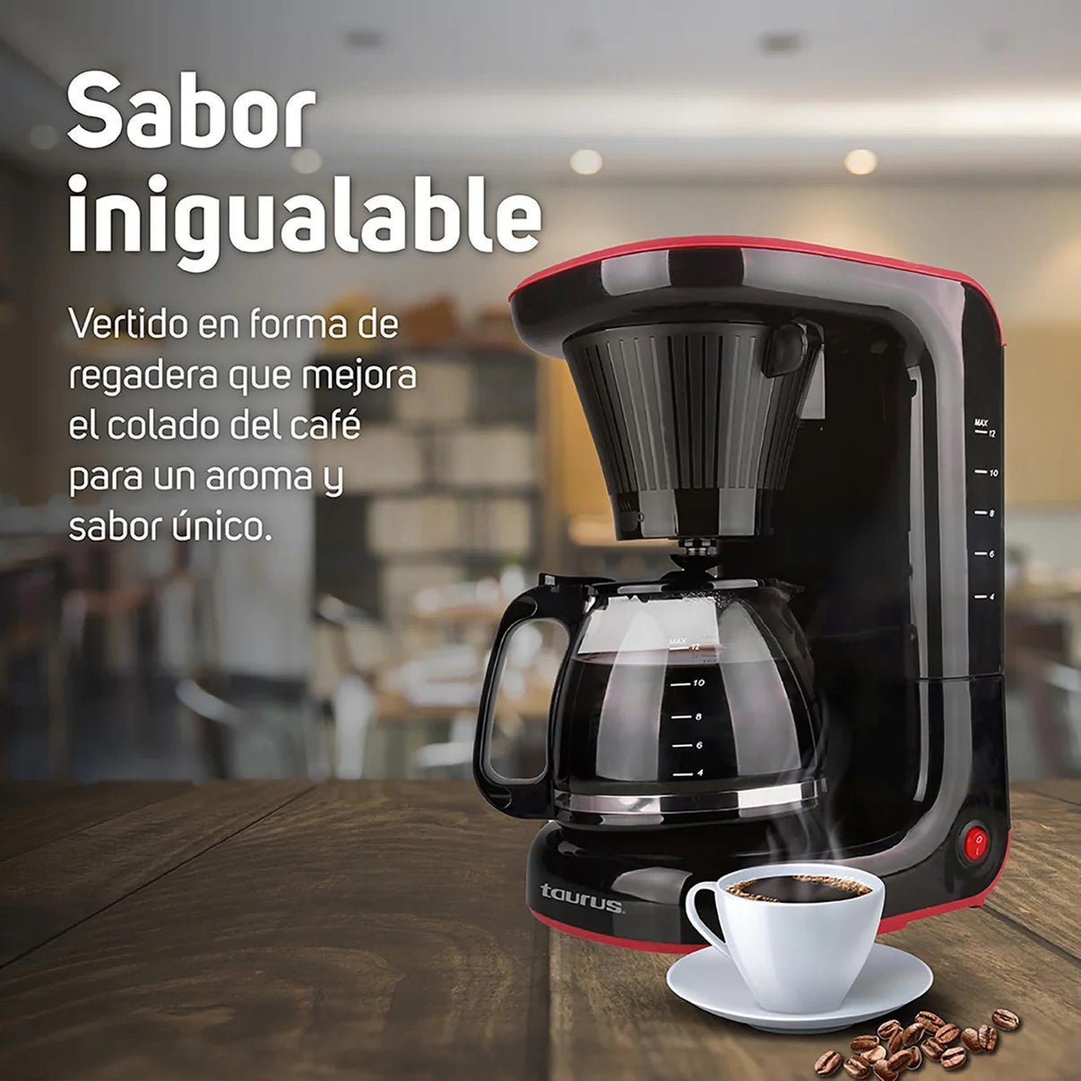 Cafetera Taurus VELVET Para 12 Tazas, Filtro Lavable, Jarra de Vidrio, Antigoteo Negra - BIOHAIR.MX