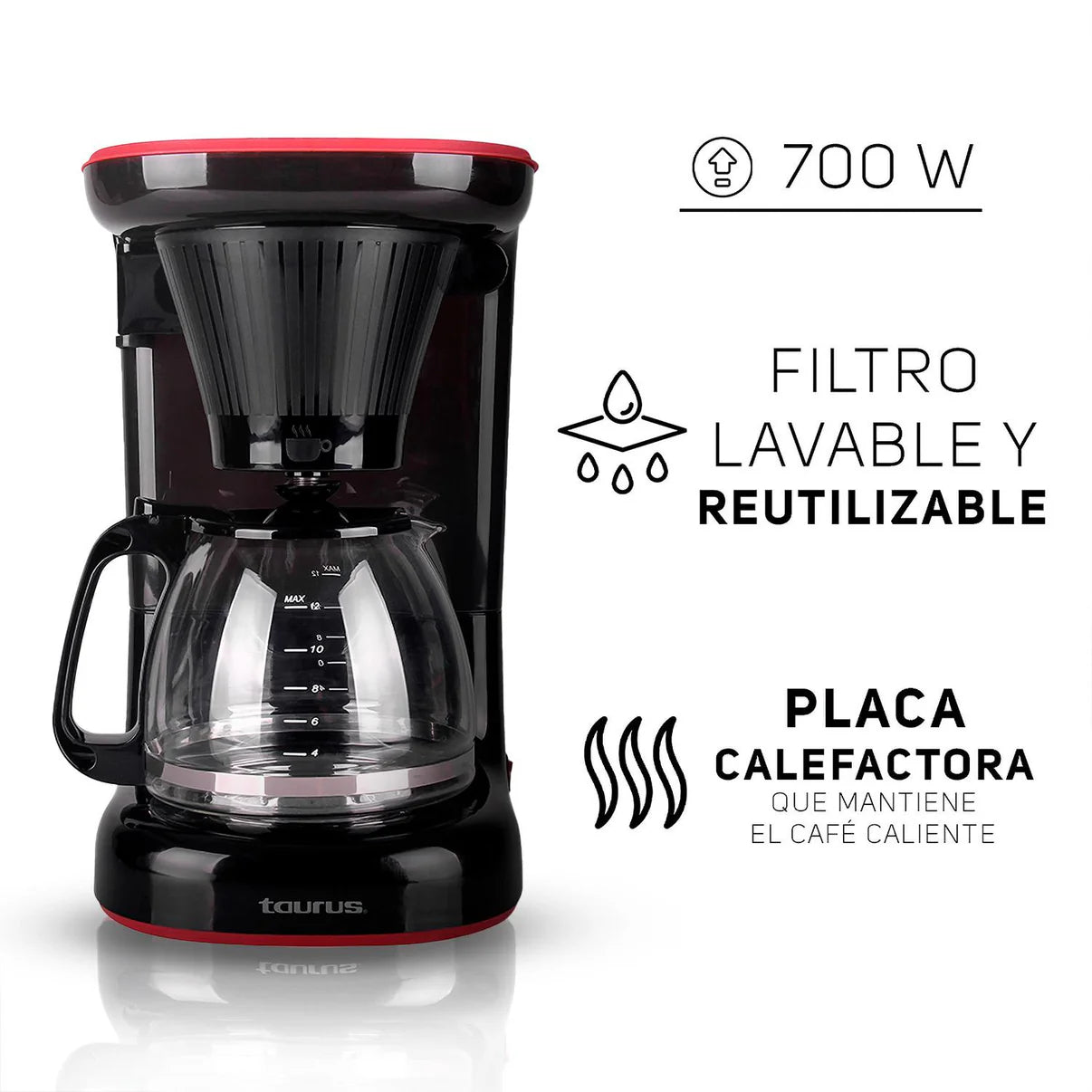 Cafetera Taurus VELVET Para 12 Tazas, Filtro Lavable, Jarra de Vidrio, Antigoteo Negra - BIOHAIR.MX