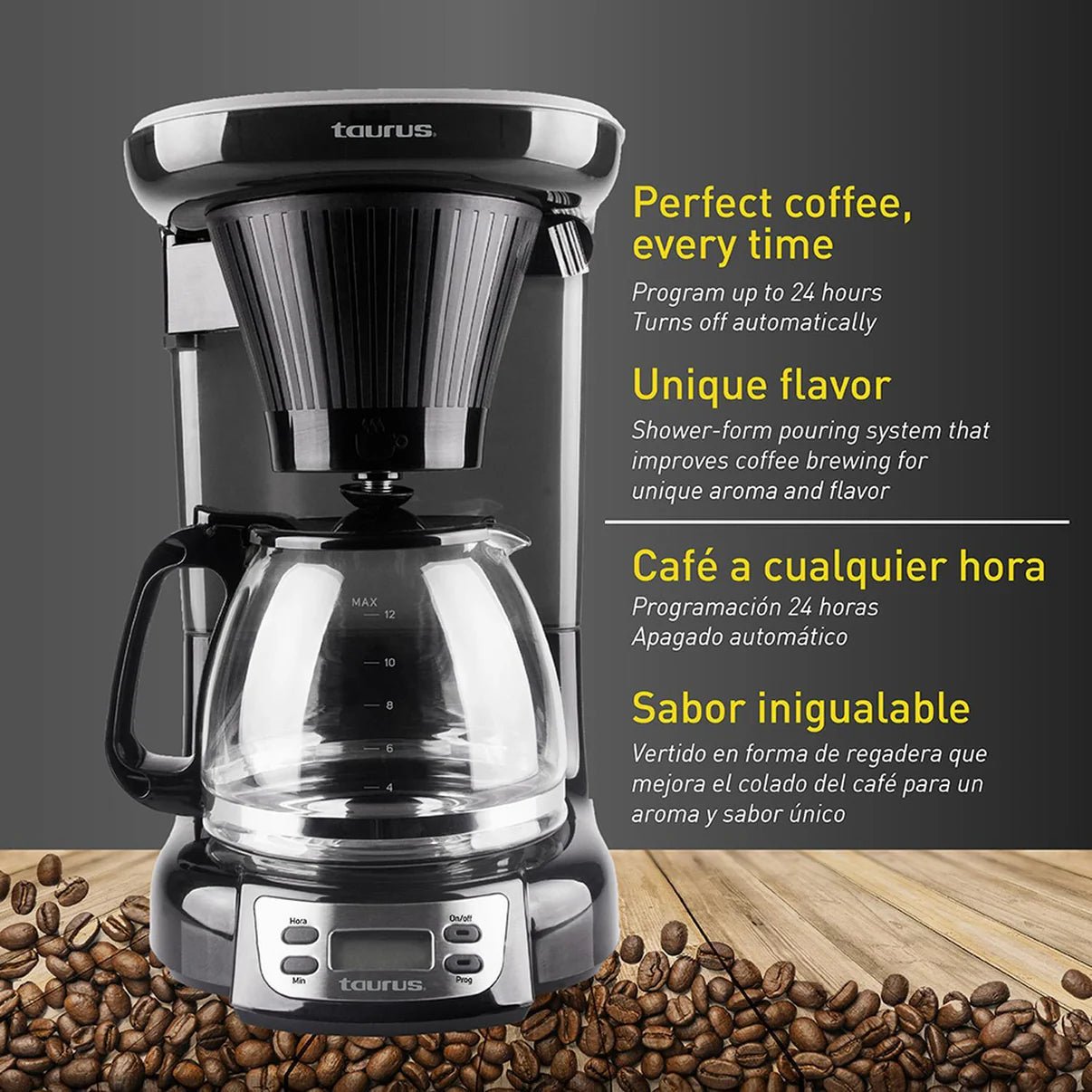 Cafetera Taurus VELVET DIGITAL Para 12 Tazas, Programable Apagado Automático, Jarra de Vidrio, Antigoteo Negra - BIOHAIR.MX
