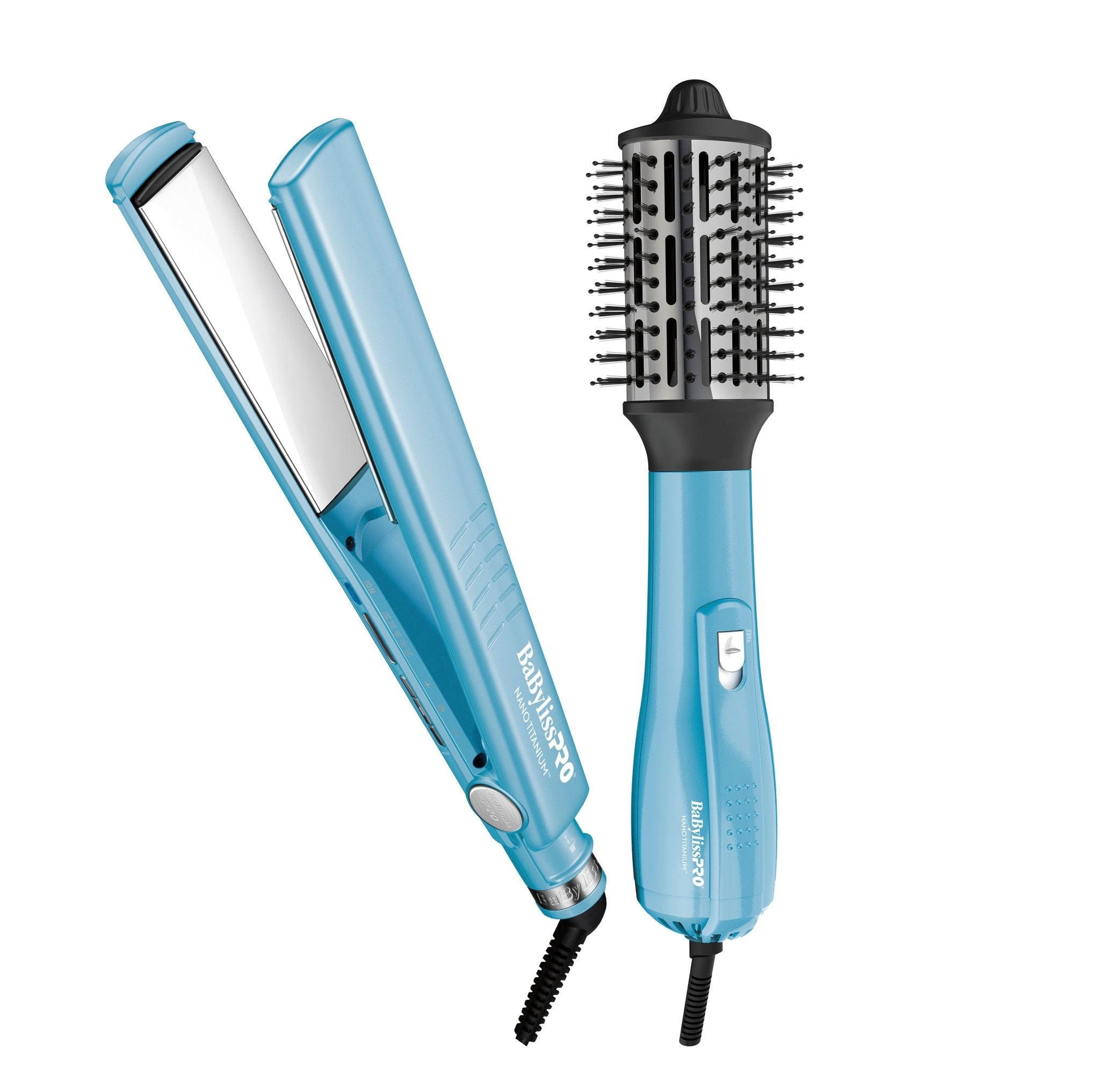 Combo BaByliss BNTPP67ES Alaciadora Ionica y Cepillo con tecnología de Nano Titanium Azul - BIOHAIR.MX