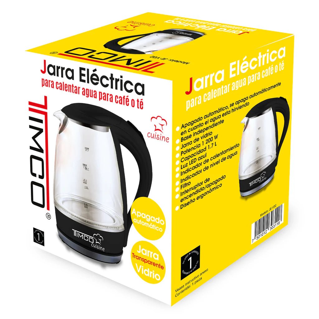 Jarra eléctrica Timco JEV02N capacidad de 1.7L vidrio apagado automatico - BIOHAIR.MX