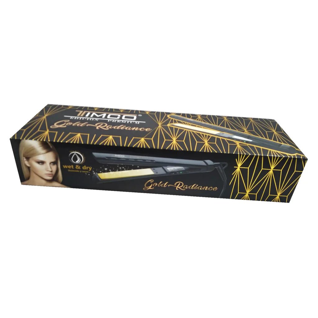 Alaciadora profesional Timco PWDN para cabello humedo y seco gold radiance negro