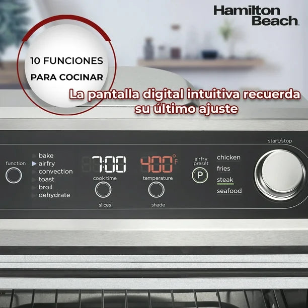 Horno Tostador Hamilton Beach 31220, Con Freidor de Aire, Temporizador Digital, Apagado Automatico Negro